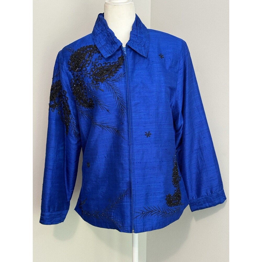Vintage ANAGE 100% Silk Beaded Embroidered Paisley Jacket Blue Women’s L